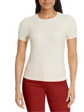 Nine West Cream Textured Short-Sleeve Crewneck Sweater